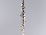 a close up of a silver and black clarinet on a white surface