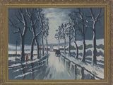 tableau représentant une scène hivernale avec une calèche tirée par un cheval sur une route enneigée