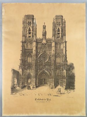 an old drawing of a cathedral with a clock on the front
