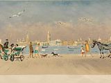 a painting of a horse drawn carriage on the beach