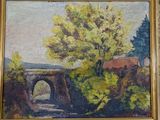 a picture of a painting of a bridge in the woods