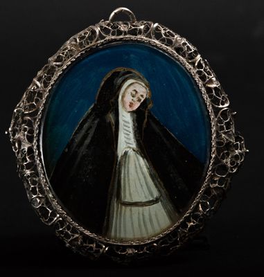 Reliquaire colonial en filigrane d'argent avec sainte Thérès…