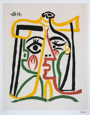 une image d'une peinture représentant une femme avec un oiseau sur la tête