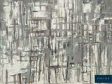 abstract painting of a city with lots of chairs and tables