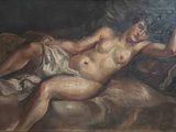 tableau représentant un homme nu allongé sur un lit avec un oreiller