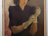 painting of a woman in a black dress and white gloves