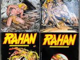 three covers of rahan comics are shown on a table
