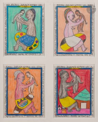 quatre dessins de couleurs différentes représentant un homme et une femme jouant avec un bébé