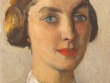 une peinture à l'huile représentant une femme vêtue d'une veste bleue et d'une chemise à col blanc