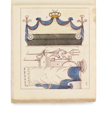 un vieux livre sur lequel figure le dessin d'un lit surmonté d'une couronne