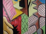 une peinture représentant une guitare et un clavier posés sur une table