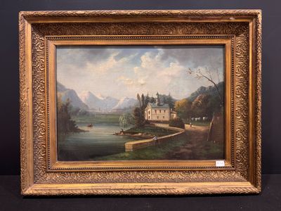 une peinture à l'huile représentant une scène fluviale avec une maison au loin