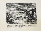 an image of a drawing of a landscape with mountains in the background