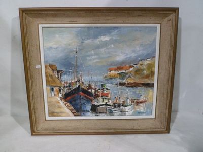 a picture of a painting of boats in a harbor