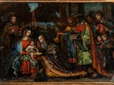 une image représentant un tableau où l'on voit un homme tenant un bébé dans une crèche