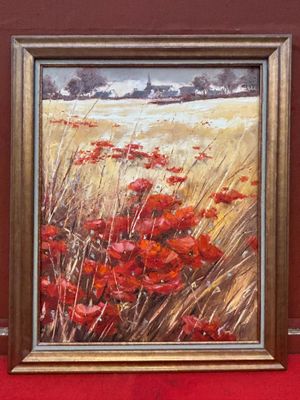 une peinture à l'huile d'un champ de coquelicots rouges dans un cadre doré