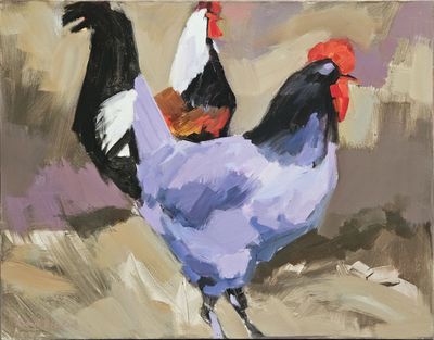 two chickens standing next to each other in a painting