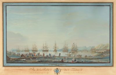 an image of a painting of a harbor scene with ships in the water