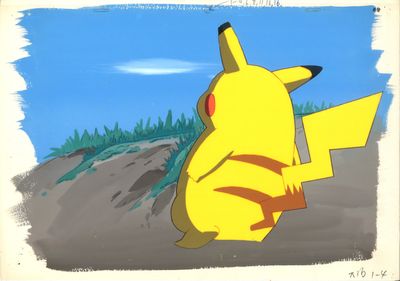 une image représentant un Pikachu assis par terre, avec un ciel bleu en arrière-plan