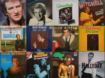 de nombreuses pochettes d'albums différentes accrochées au mur d'un magasin