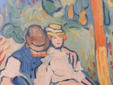 a painting of a man and a woman sitting on a bench