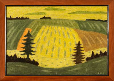 an oil painting of a field with trees and hills in the background
