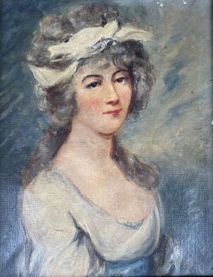tableau représentant une femme en robe blanche coiffée d'un chapeau orné de plumes