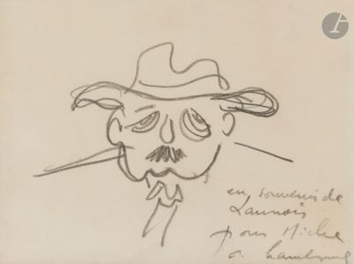 dessin représentant un homme coiffé d'un chapeau, une cigarette à la bouche