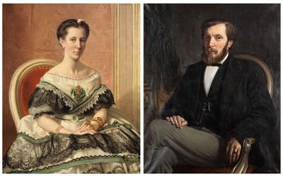two pictures of a man and a woman sitting on a chair