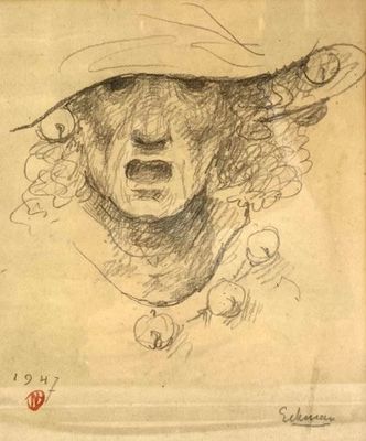 drawing of a man with a hat and a goat ' s face