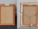 three wooden frames are lined up against a wall with a string