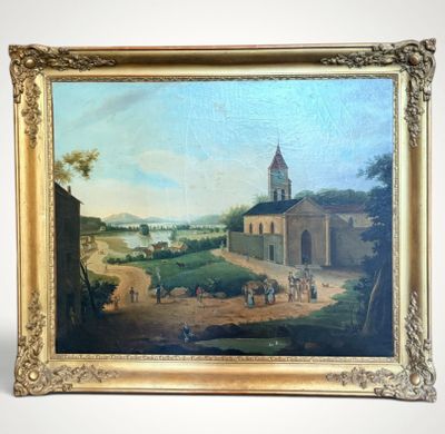 an oil painting of a village scene with a church in the background