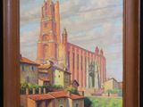 une peinture à l'huile représentant une église avec un clocher en arrière-plan