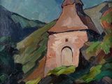 an oil painting of a church on a hill with a sky background