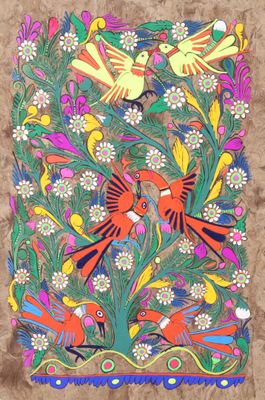 une peinture représentant des oiseaux et des fleurs sur un fond marron