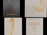 four books on a black background with a drawing of a nude woman