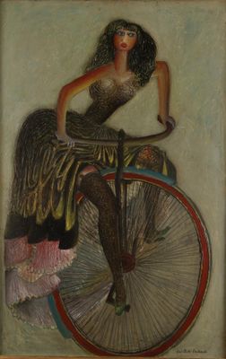 painting of a woman sitting on a bicycle with a dress on