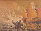 une peinture représentant quelques bateaux sur l'eau