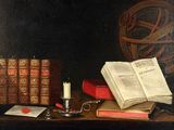 a painting of a table with books, a candle, and a candle holder