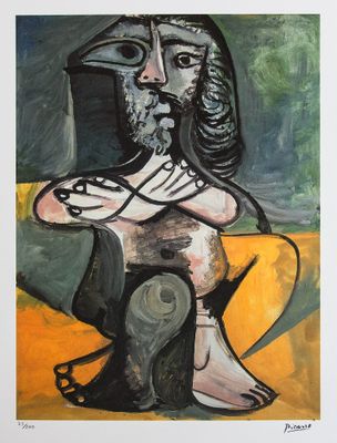 un tableau représentant un homme assis sur une chaise, les bras croisés