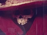 un crâne portant un bonnet rouge et des gants rouges