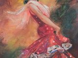 an oil painting of a woman in a red dress with a fan