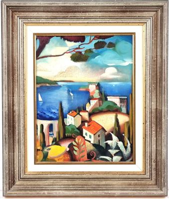 a painting of a village by the sea with a boat in the water