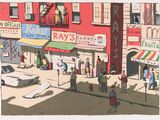 painting of a busy city street with people walking on the sidewalk