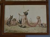 three framed pictures of children and animals on a wall