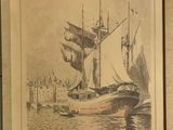 tableau représentant un voilier dans un port, avec un château en arrière-plan