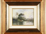 an image of a painting of a river with trees in the background