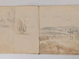 an old book with a drawing of a man and a woman in a landscape