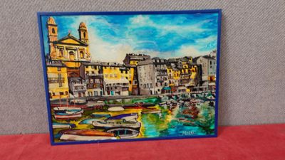 a picture of a painting of boats in a harbor