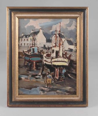 an oil painting of a group of boats in a harbor